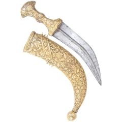 Very Interesting Indian Jambiya Dagger in Embossed Gilt Copper and Steel