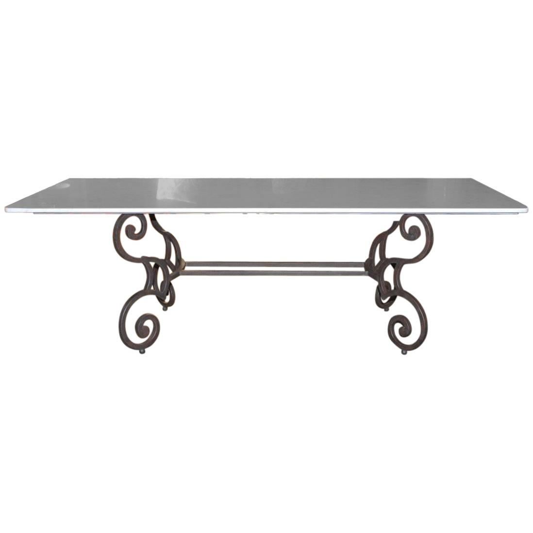 Italian Carrara Marble-Top Dining Table with Scrolled Iron Base