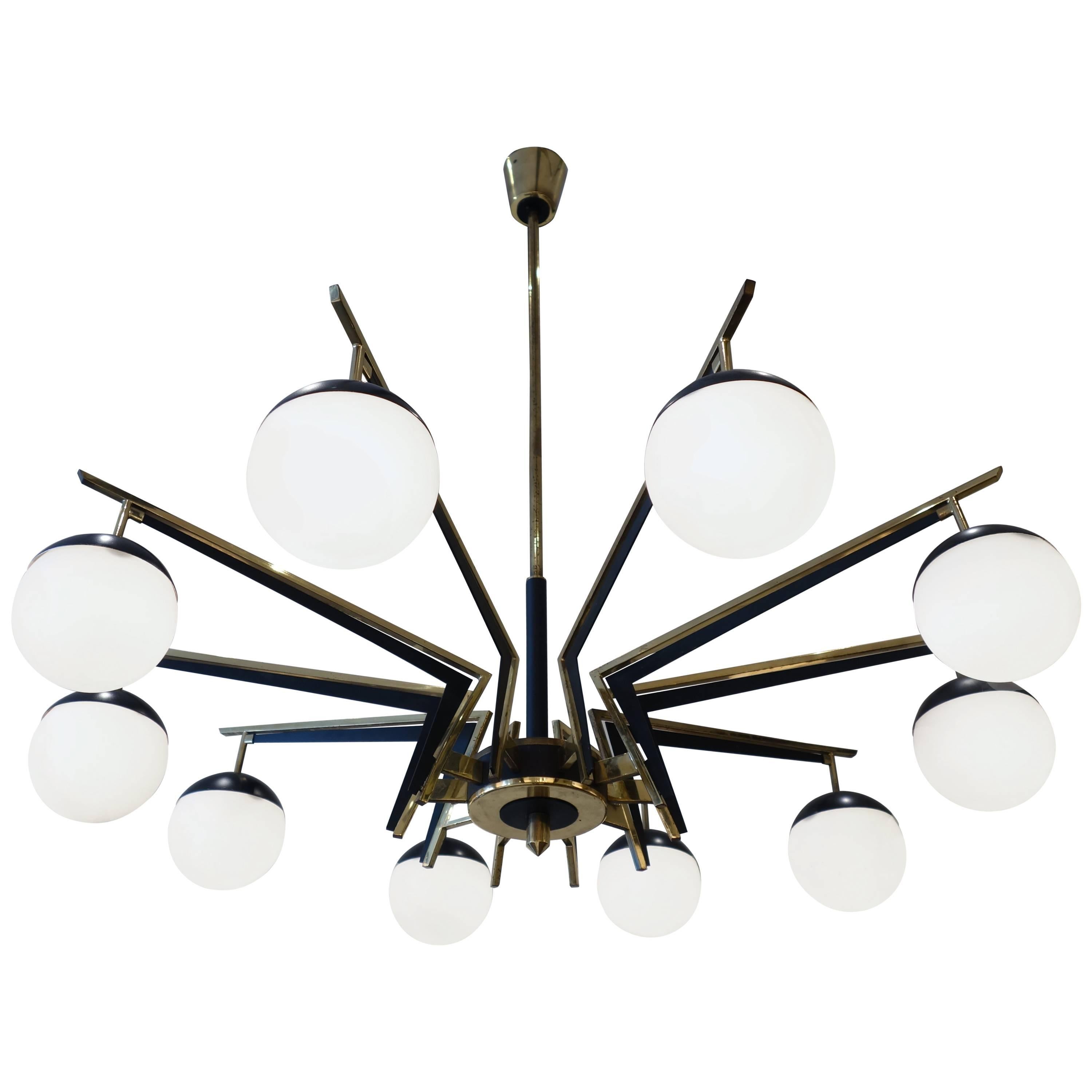 Italian Brass and Black Patinated Metal Chandelier, Opaline Glass, 1950s