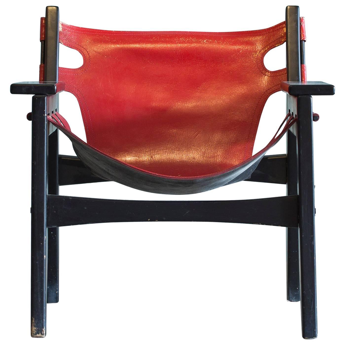 Sergio Rodrigues Red Leather 'Kilin' Lounge Chair For Sale