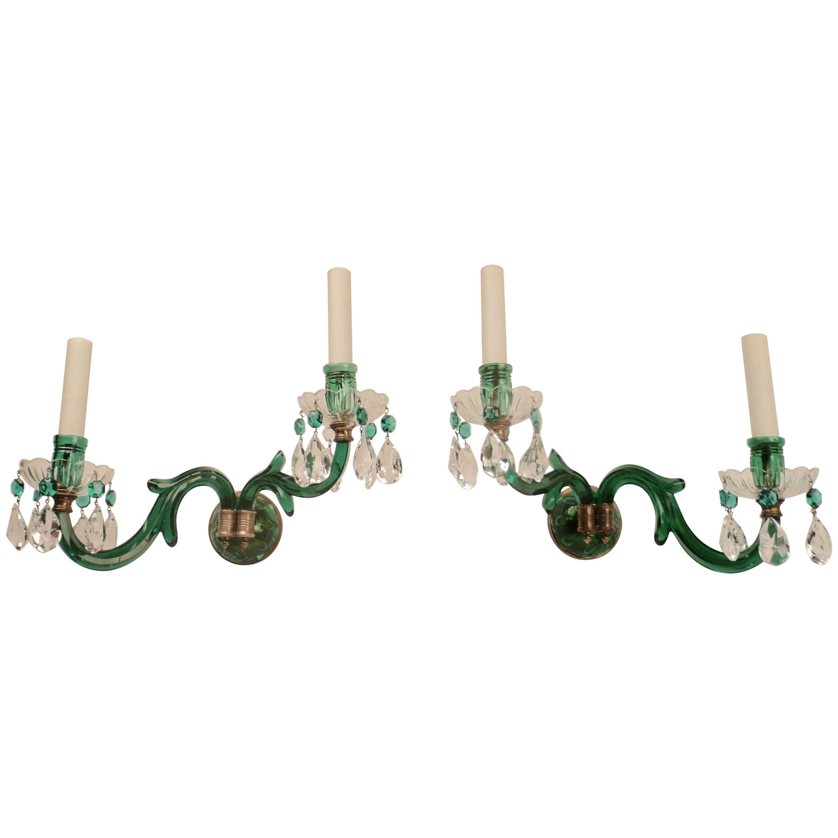 Pair of English Mid-19th Century Emerald Green Cut Crystal Sconces For Sale