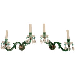 Antique Pair of English Mid-19th Century Emerald Green Cut Crystal Sconces