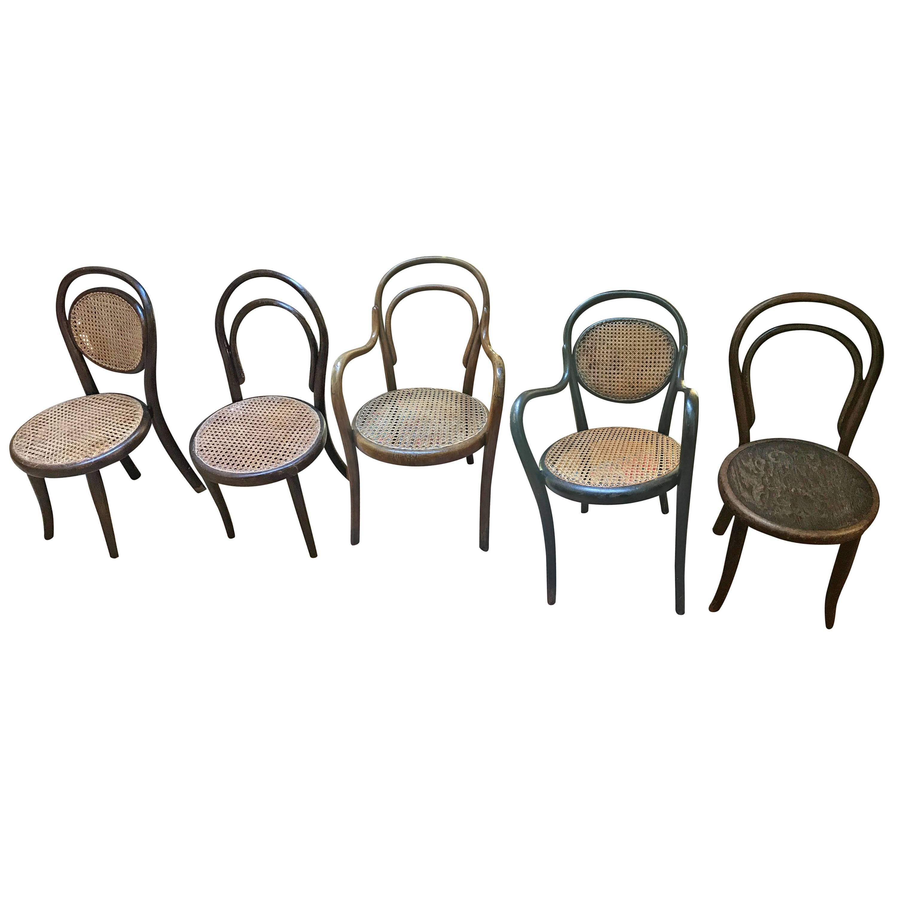 Thonet  bentwood Collection of Five   different Children’s Chairs, 1900 child