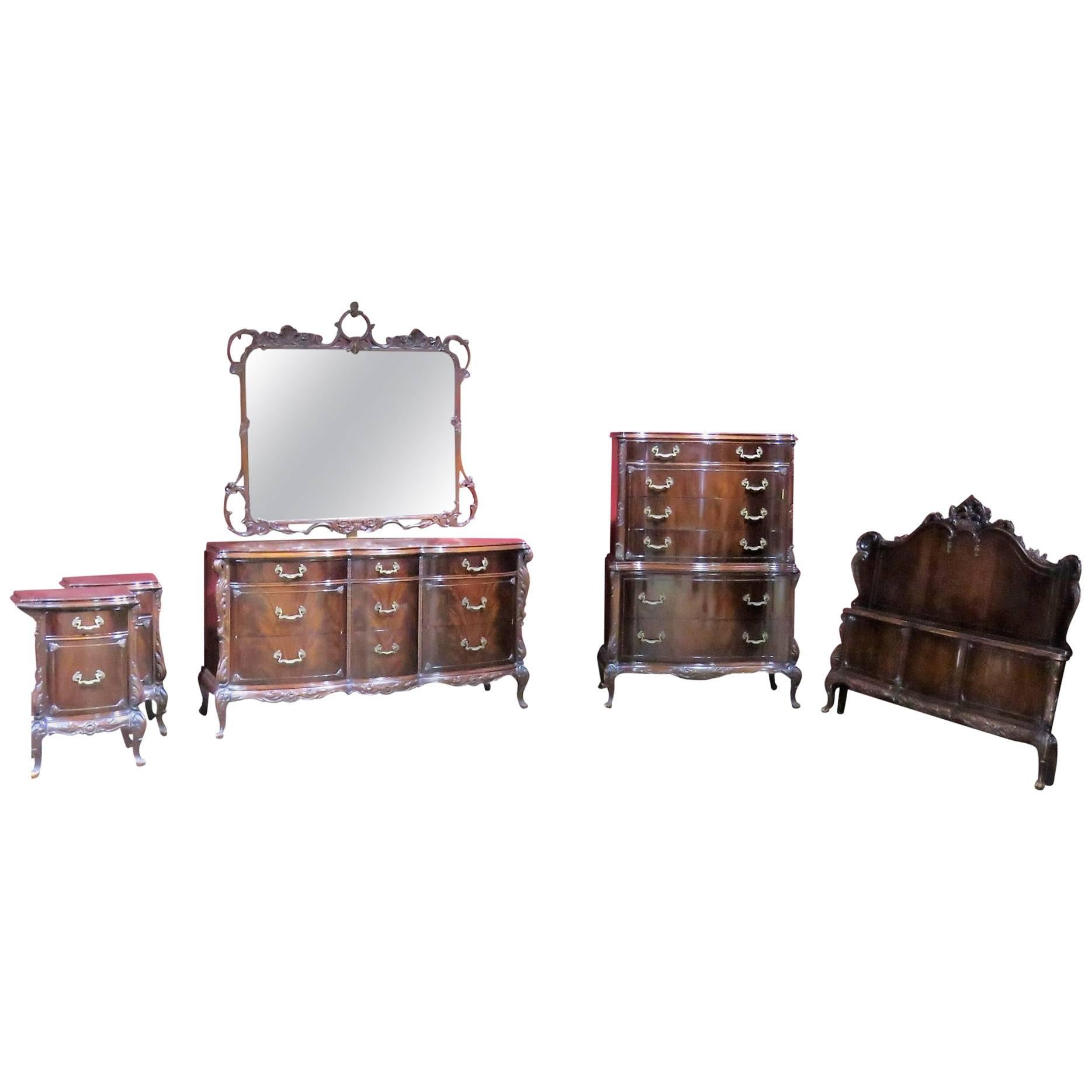 Six Pieces Louis XV Style Mahogany Bedroom Set