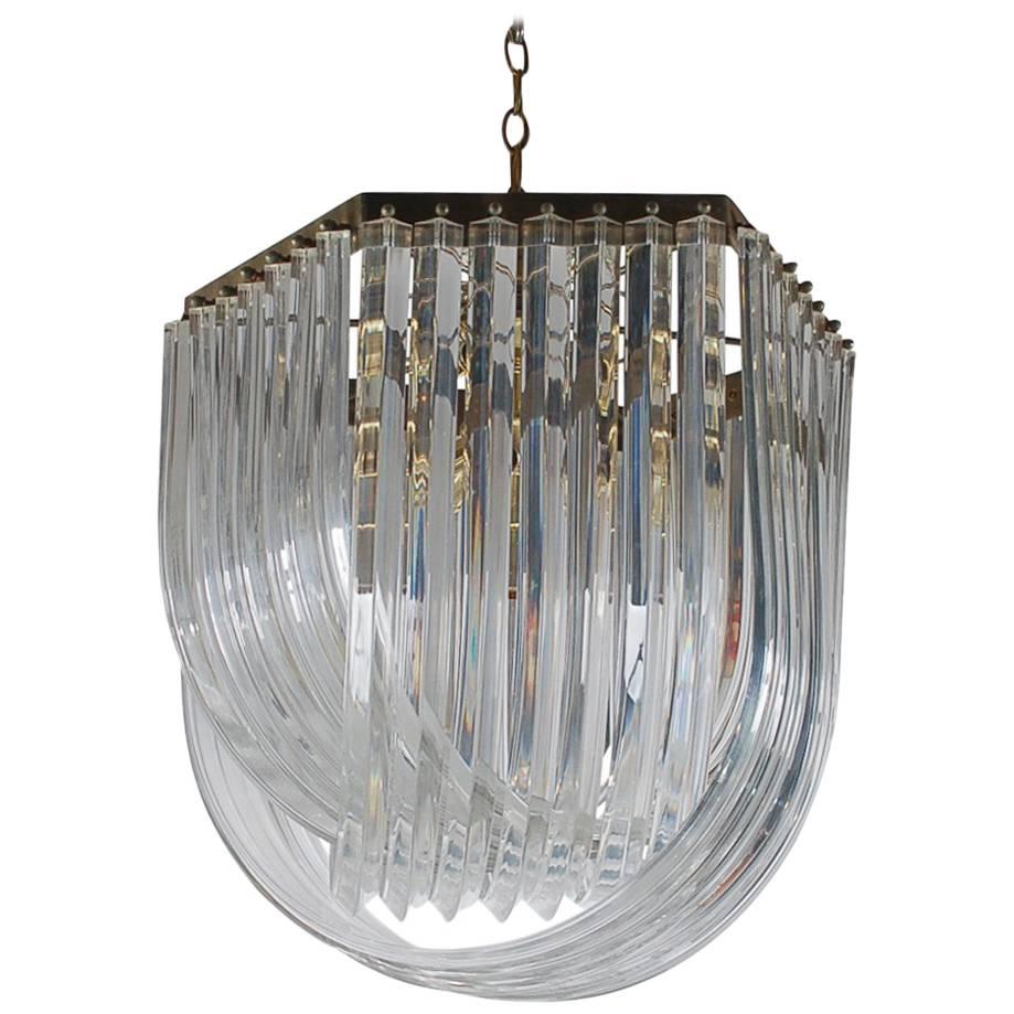 Hollywood Regency Brass and Curved Lucite Chandelier, Mid-Century Italian Modern