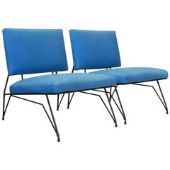 Elegant Pair of Modernist Armchairs, I Lush Blue Upholstery