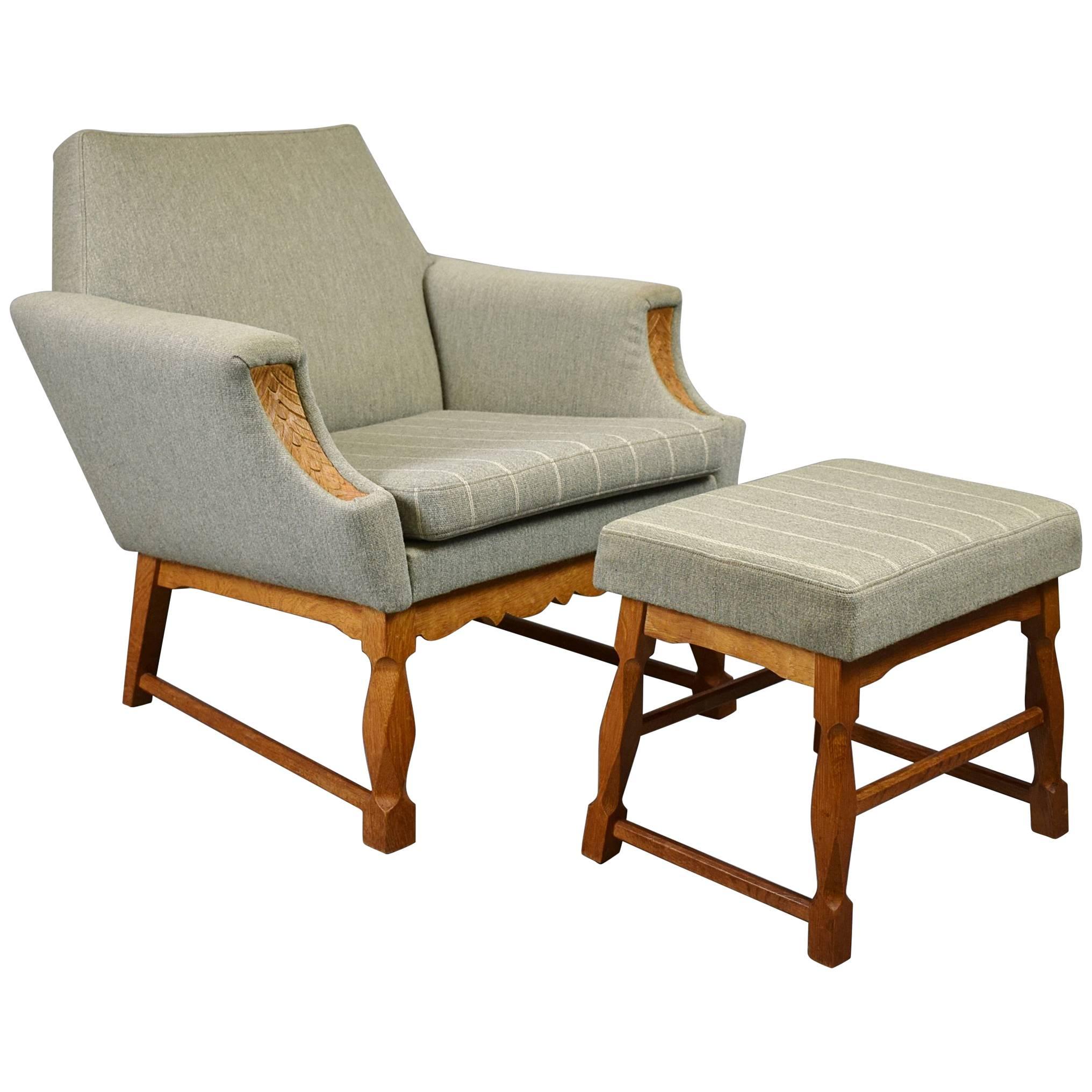 Mid-Century Retro Danish Lounge Armchair and Footstool Oak Frame, 1950s-1960s For Sale