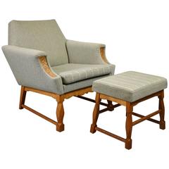 Mid-Century Vintage Danish Lounge Armchair and Footstool Oak Frame, 1950s-1960s