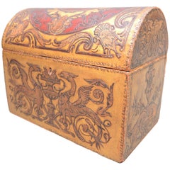 Belgian Art Nouveau Gilt and Painted Embossed Leather Box Dated 1912