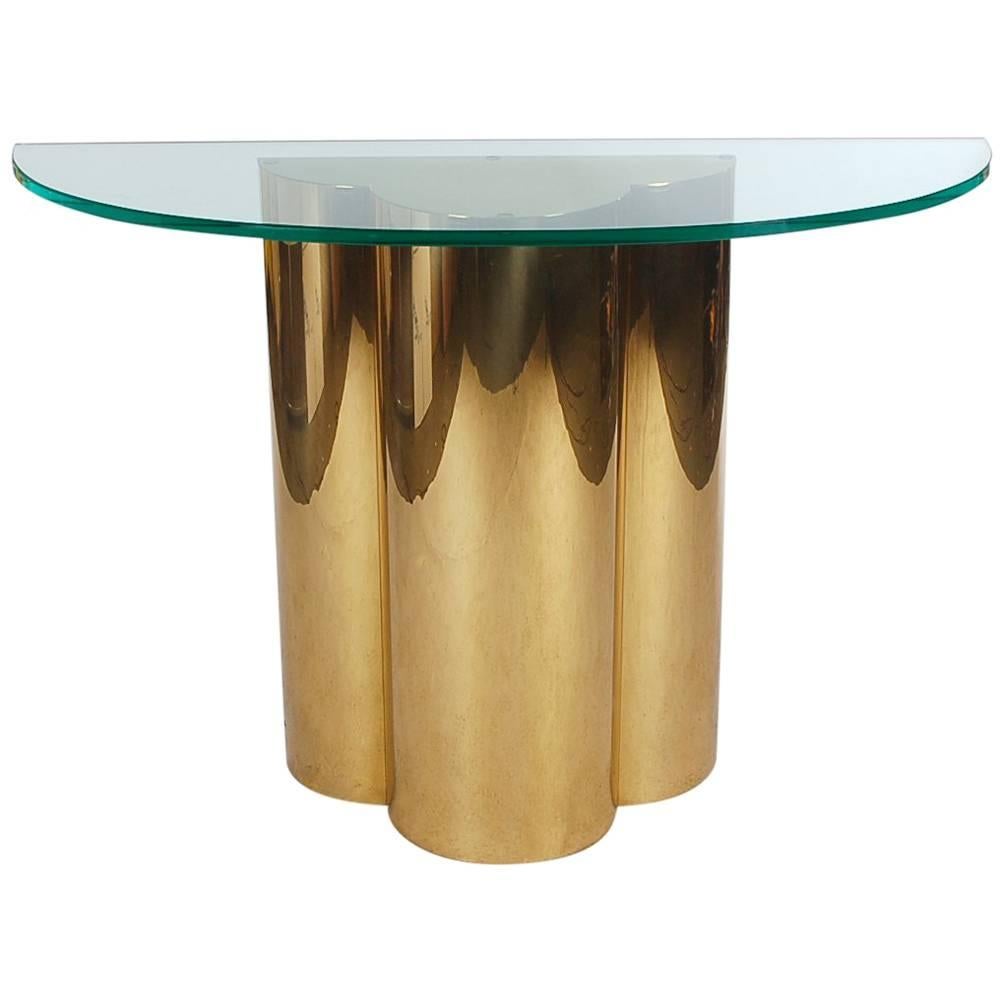 Hollywood Regency Brass and Glass Trefoil Console Table Attributed to C. Jere