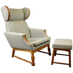 Mid-Century Retro Danish Lounge Armchair & Footstool Oak Highlights 1950s-1960s
