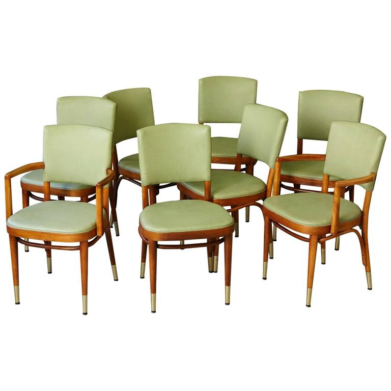 Set of Eight Maple Bentwood Chairs in Pastel Green and Brass