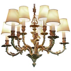 Large Gilt Bronze 10-Light Chandelier, Floral French Baroque Rococo Bagues Style