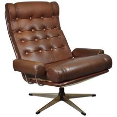 Mid-Century Vintage Danish Brown Leather Buttoned Swivel Lounge Armchair, 1970s