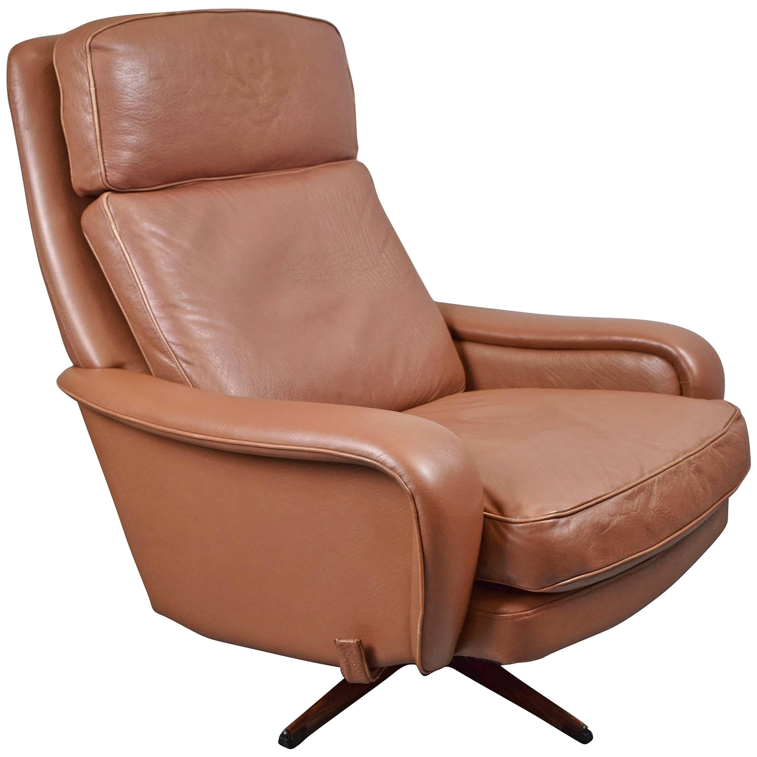 Mid-Century Retro Danish Georg Thams Brown Leather Swivel Reclining Armchair For Sale
