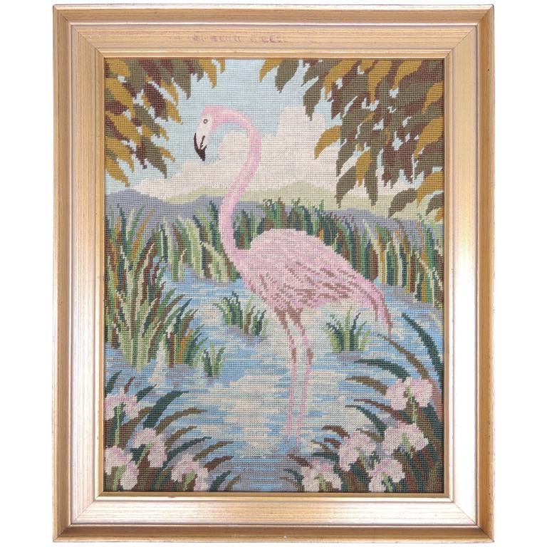 Vintage Framed Needlepoint of a Flamingo, circa 1960 at 1stDibs