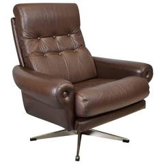 Danish Mid-Century Retro Vintage Brown Leather Swivel Lounge Armchair, 1970s