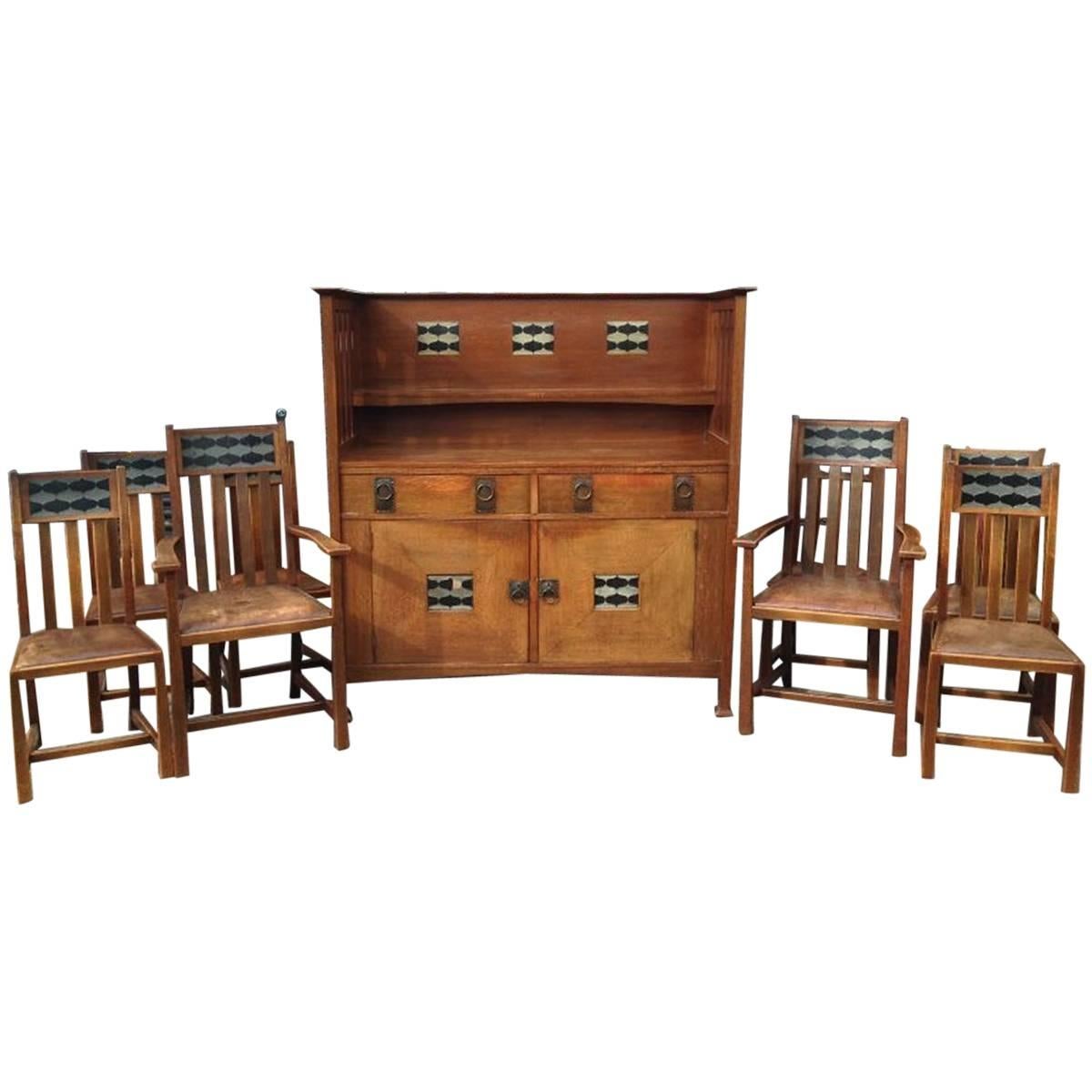 George Montague Ellwood Arts & Crafts Oak Sideboard & 8 Matching Dining Chairs