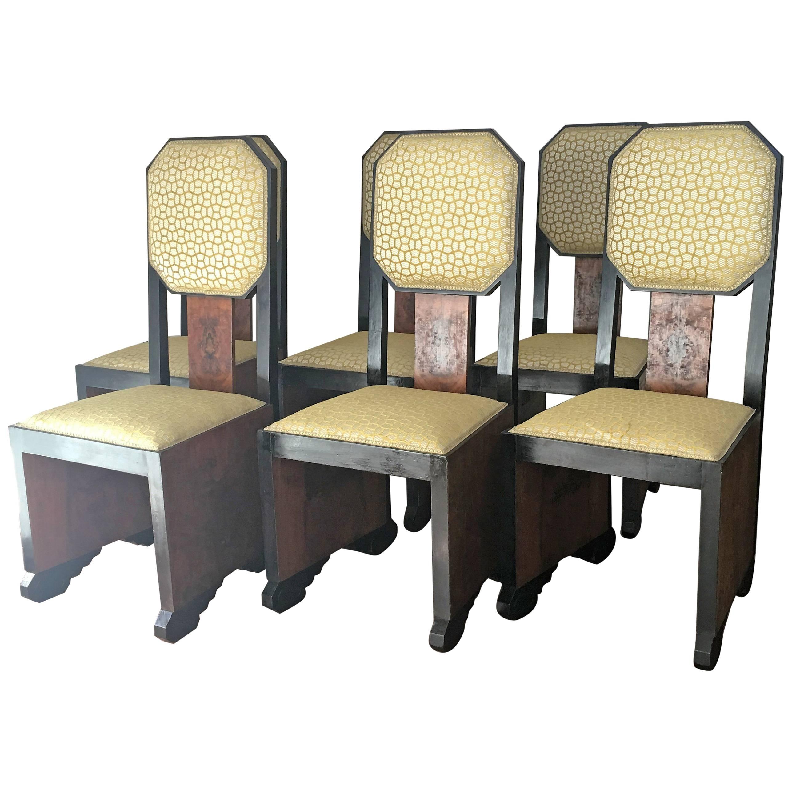 Mid-Century Dinning Chairs Reupholstered in Burl Wood and Walnut