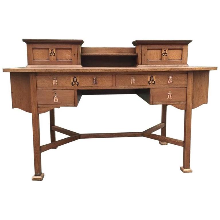 Arts And Crafts Oak Desk Inlaid With Stylised Fl Panels Copper Arts Crafts Oak Desk Inlaid With Stylised Fl Panels Copper Drop Handles For
