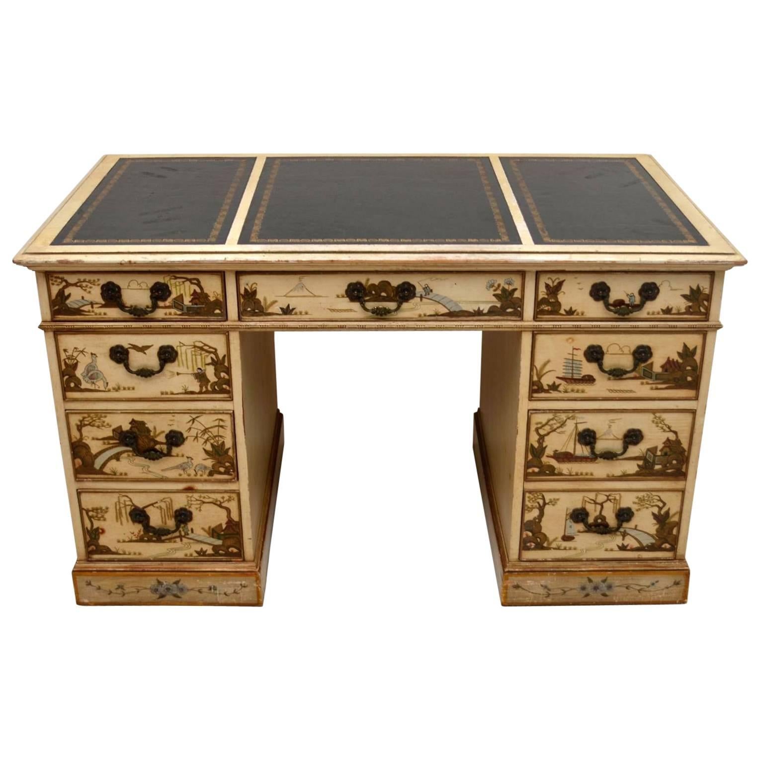 Very impressive antique chinoiserie leather top pedestal desk in wonderful original condition. It's quite rare to find original chinoiserie desks and I don't think I've ever seen one with these colors. I think it's a great advantage that the
