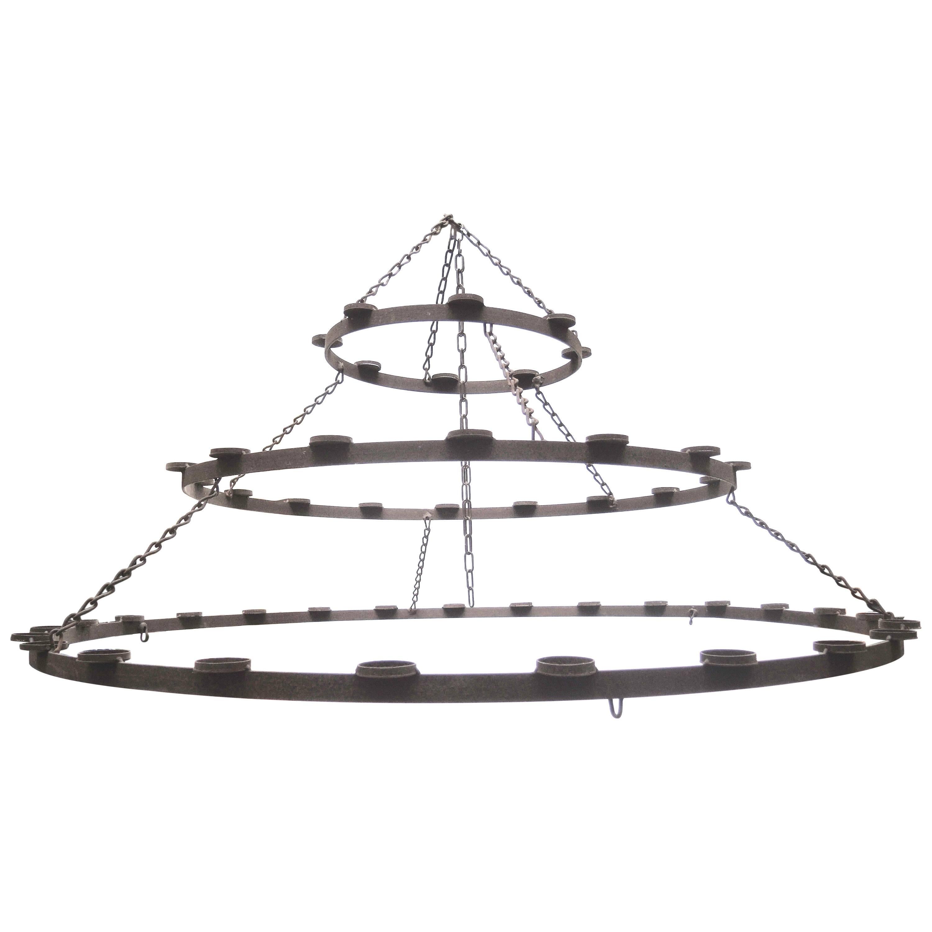 Very Large 19th Century French Wrought Iron Three-Tier Chandelier For Sale