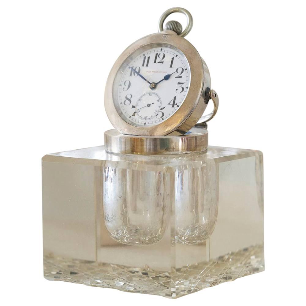 Glass and Silver-Mounted Inkwell with Clock