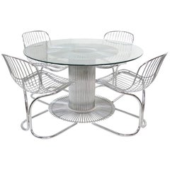 Bertoia Style Chrome and Glass Dining Set with Four-Chairs