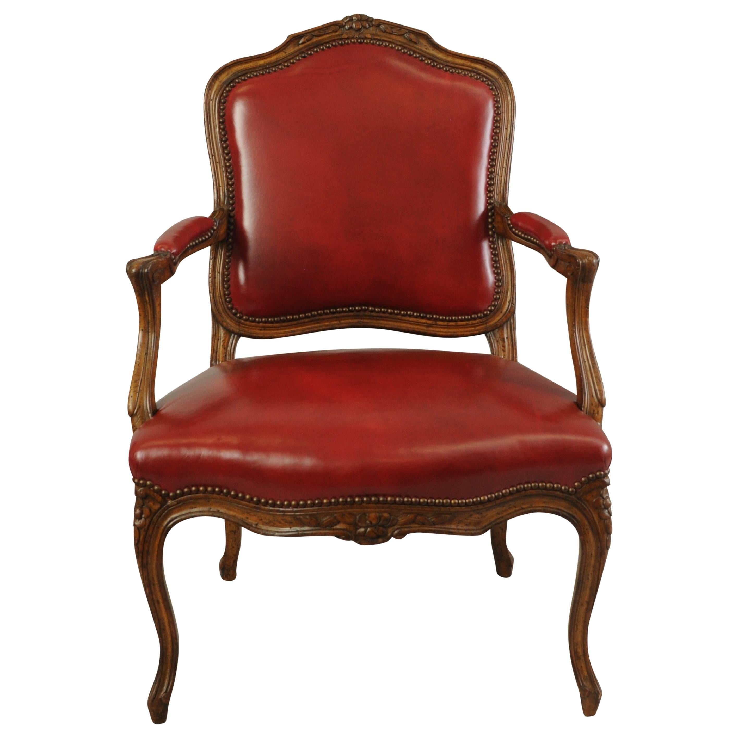 Vintage Auffray & Co French Country Louis XV Style Armchair Walnut & Red Leather