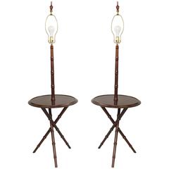 Vintage Pair of Chinese Chippendale Faux Bamboo Wood Tripod Floor Lamp Round End Tables