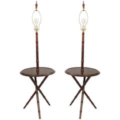 Pair of Chinese Chippendale Faux Bamboo Wood Tripod Floor Lamp Round End Tables