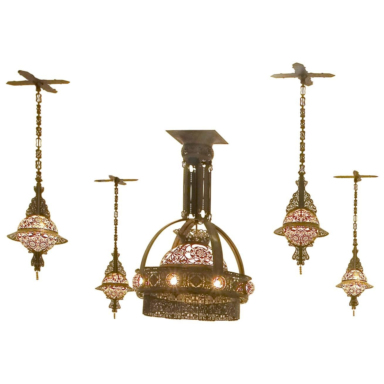 Set of Five Hanging Lamps, Dutch Art Nouveau, Bronzed Copper, circa 1909 For Sale
