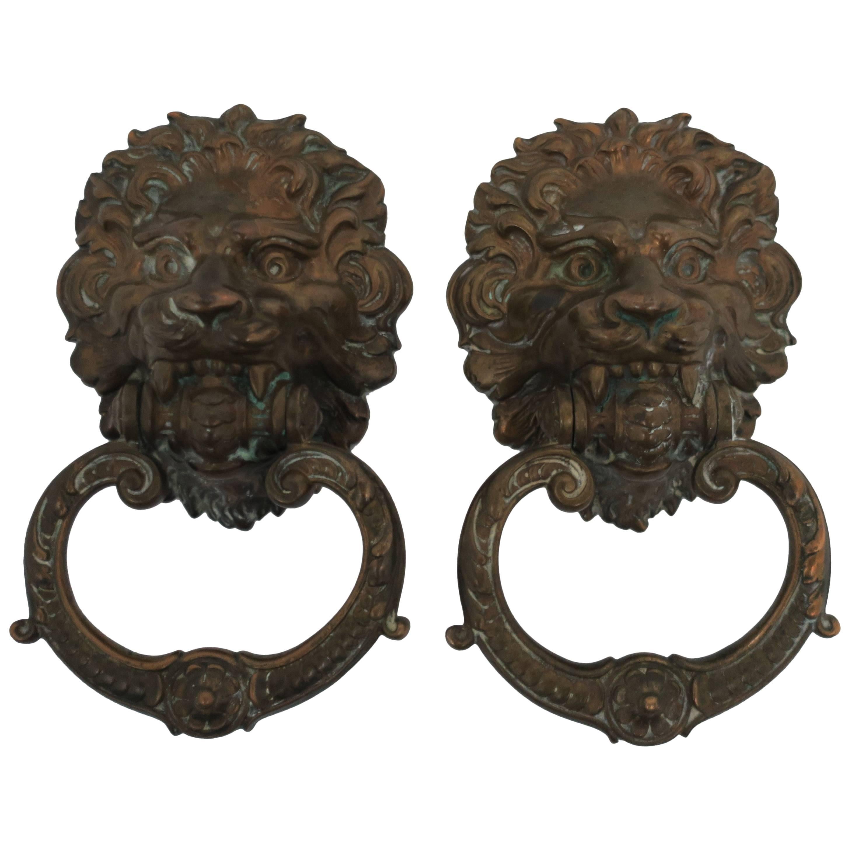 Vintage Pair of Neoclassical Lion Head Bronze Hardware Door Knockers
