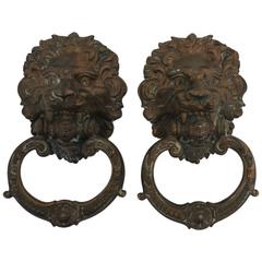 Retro Pair of Neoclassical Lion Head Bronze Hardware Door Knockers