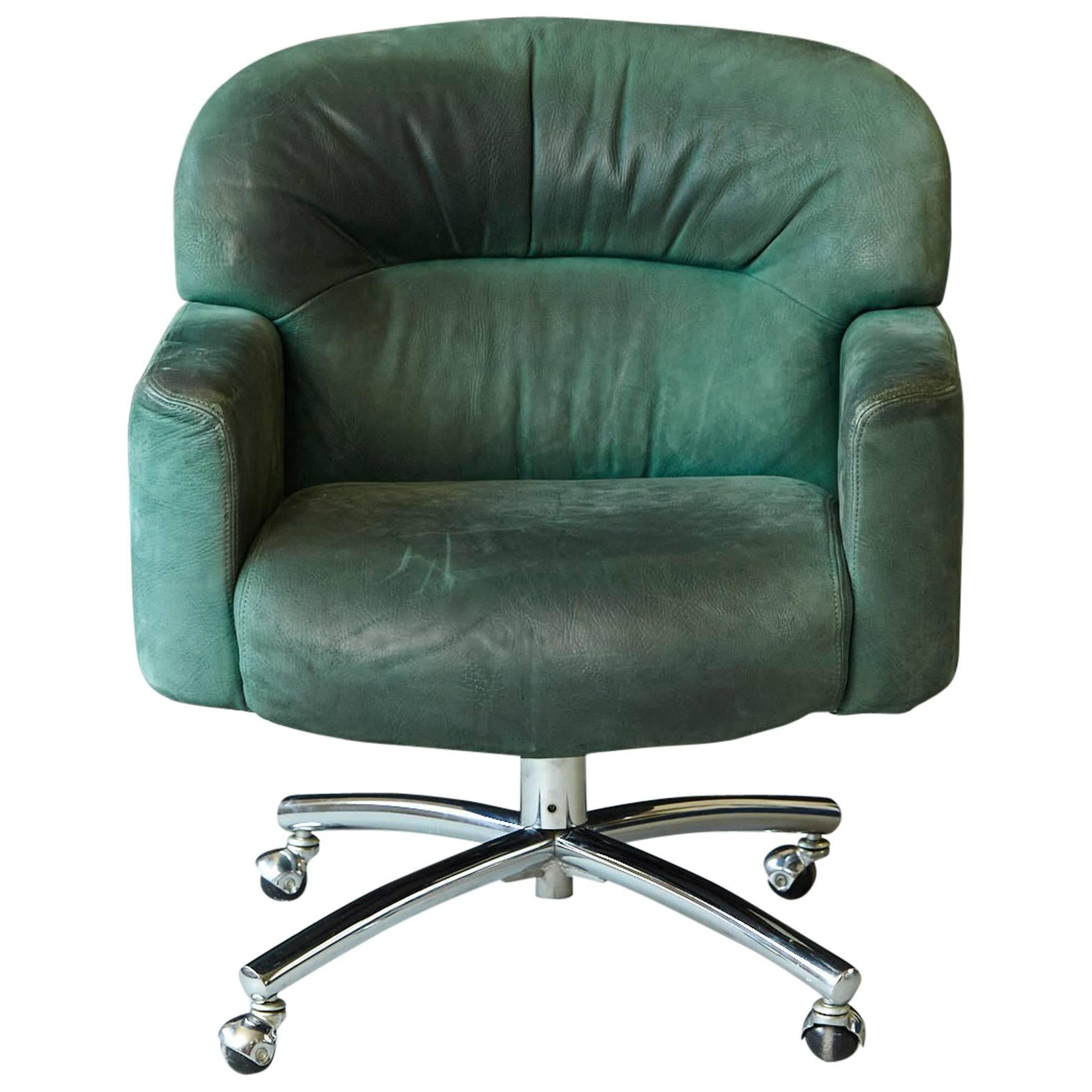 Green Suede Leather Swiveling Office Chair on Casters by Harter, 1970s For Sale