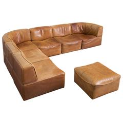 Modular De Sede Sofa in Original Patinated Leather with Seven Elements