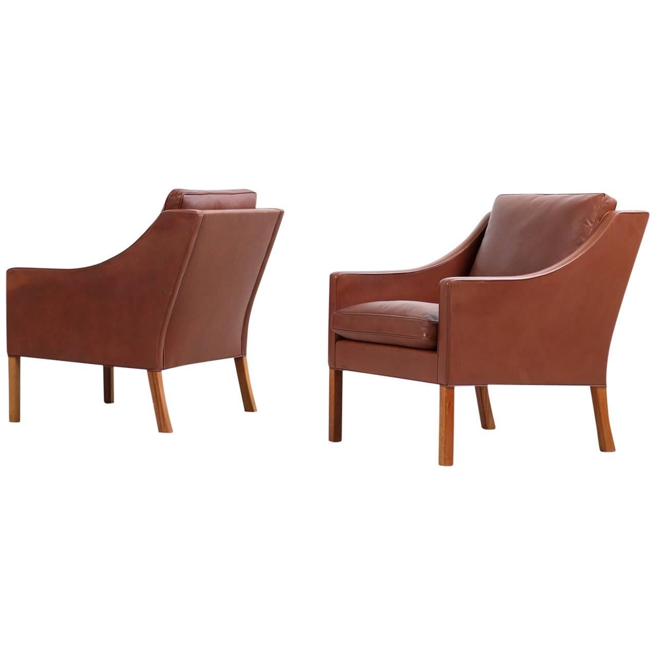 Pair of 1960s Borge Mogensen Mod. 2207 Leather Lounge Chairs Fredericia, Denmark