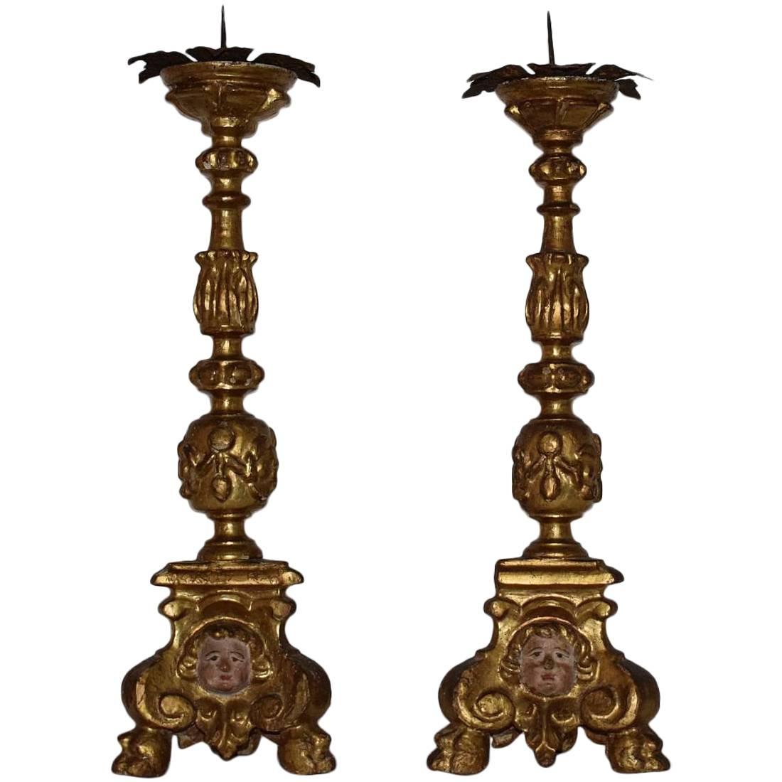 17th Century Italian Giltwood Candlesticks With Angels