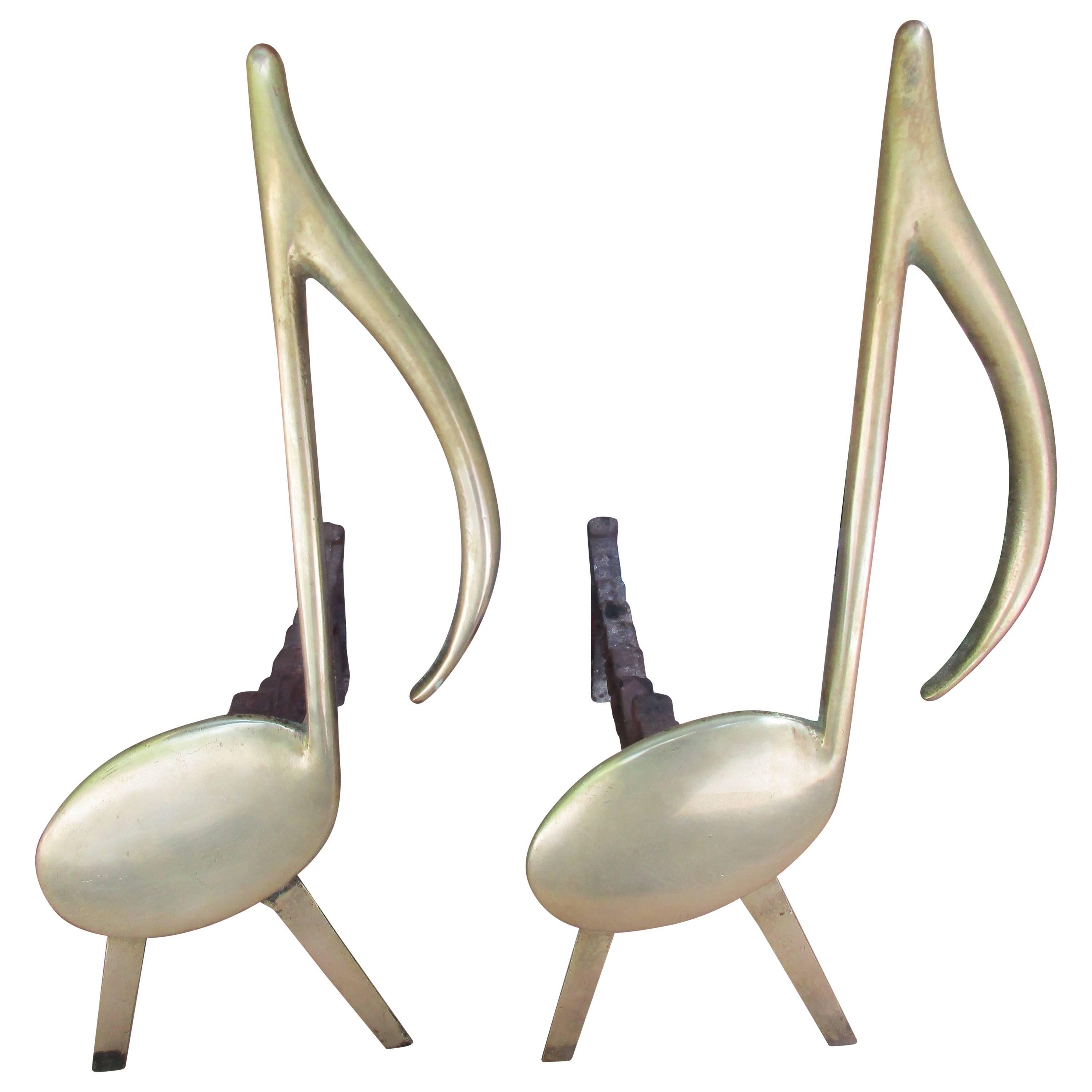 Pair of Brass and Cast-Iron Musical Note Andirons For Sale