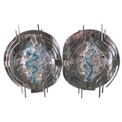 Pair of Angelo Brotto Sconces for Esperia in Stainless Steel and Murano Glass