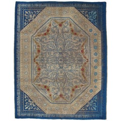 Antique English Carpet, Finely Woven Blue Cream Carpet, Blue Rug, Hand-Knotted