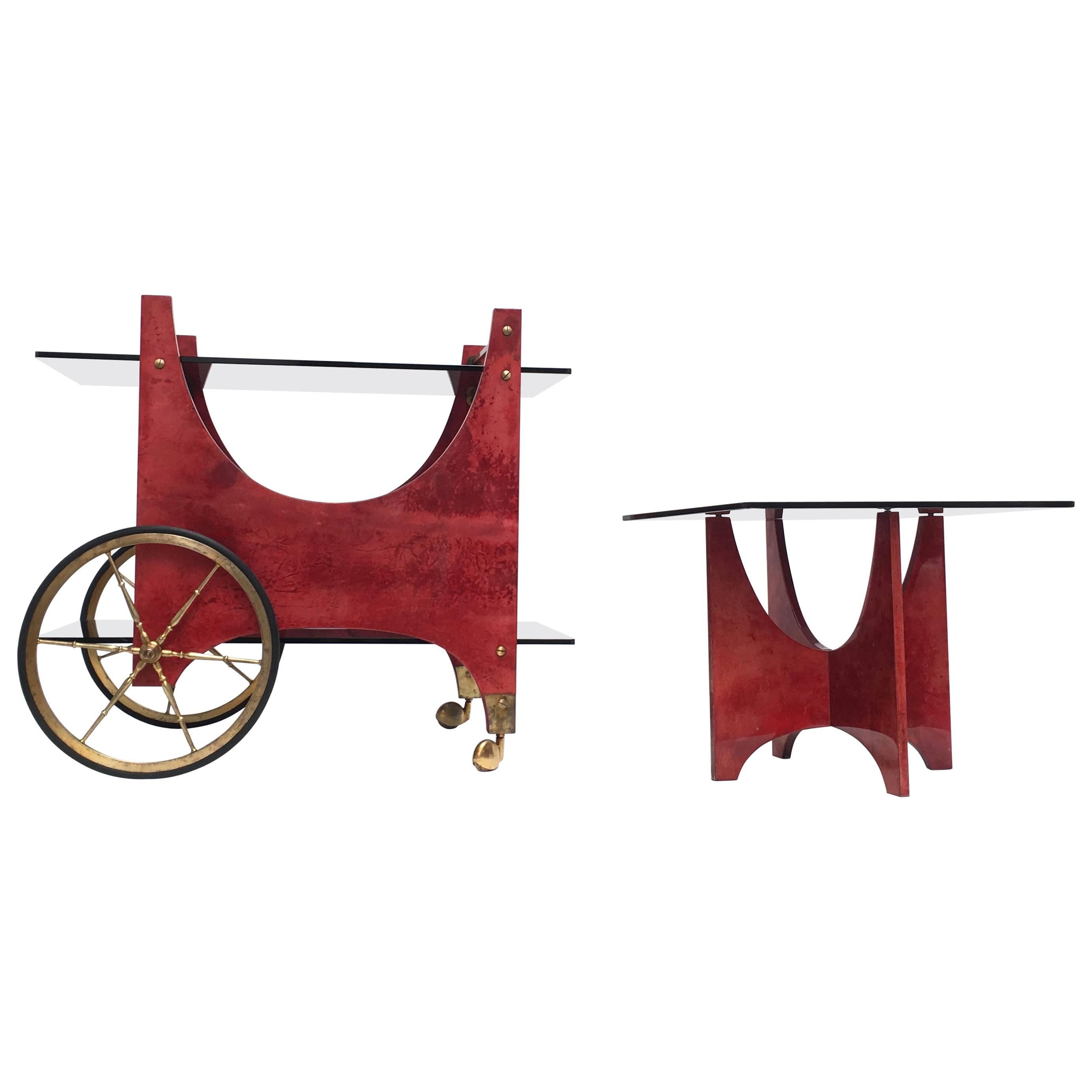 Atemberaubendes Cocktailwagen-Set aus Messing und lackiertem Ziegenleder von Aldo Tura, Italien, 1960er Jahre