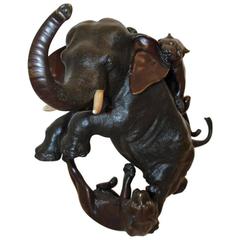 Antique Late 19th Century Japenese Bronze Elephant Fighting Tigers