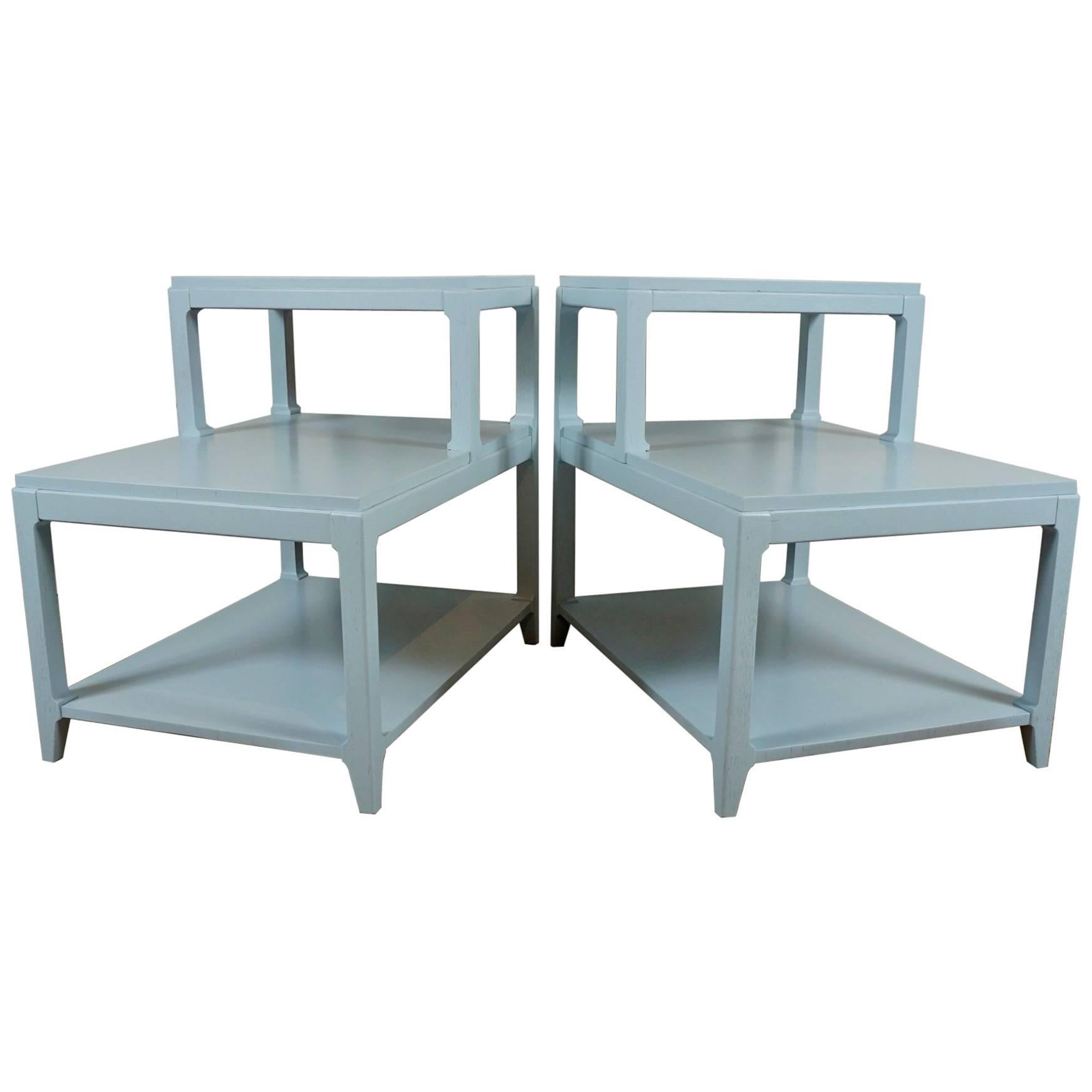 Pair of Stepped Side Tables in Light Blue For Sale