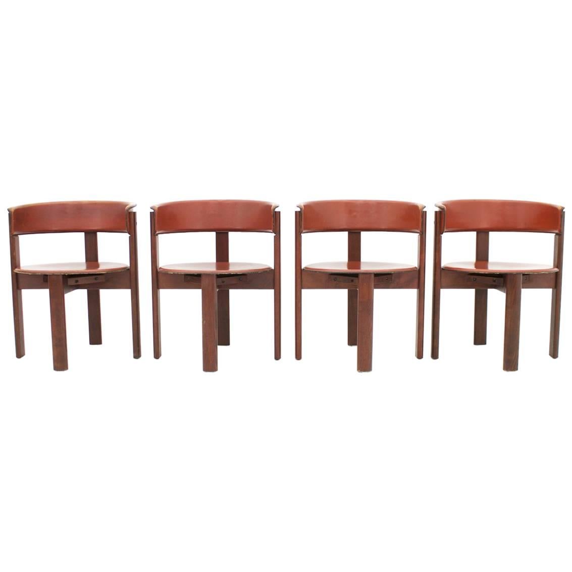 Set of Four Cassina Dining Room Chairs in Red Leather Italy, 1970s