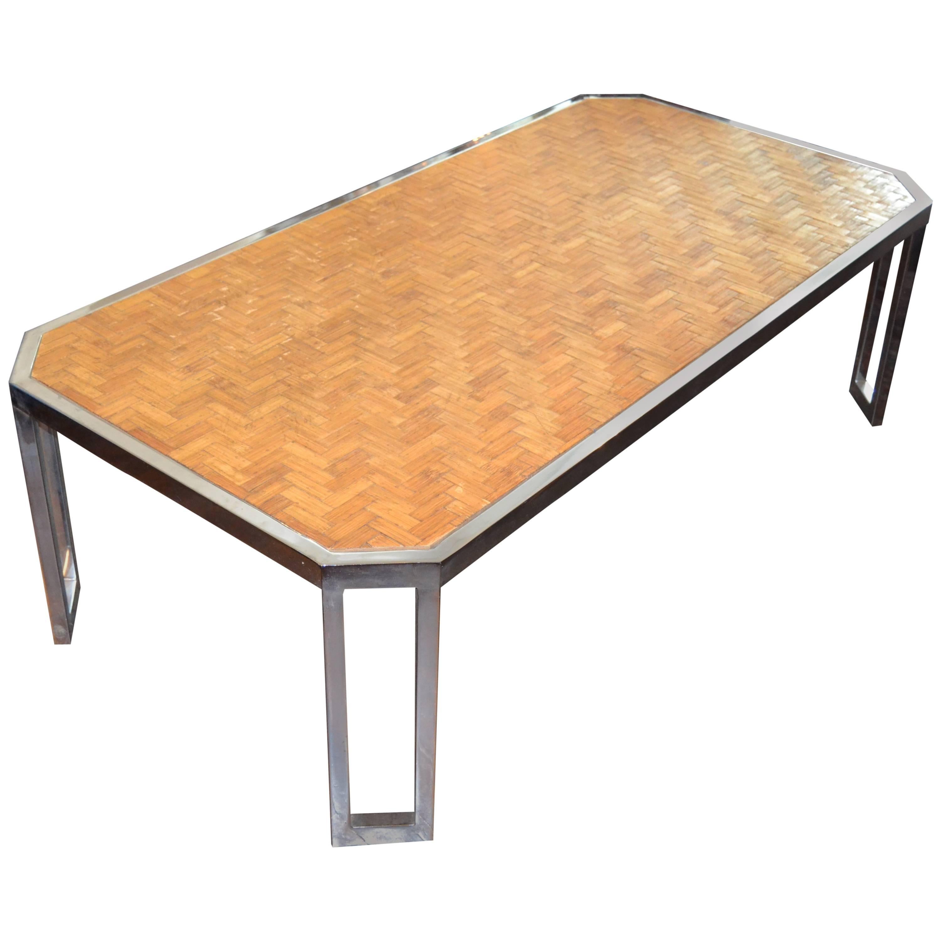 Mid-Century Chrome and  Bamboo Parquet Top Cocktail Table For Sale