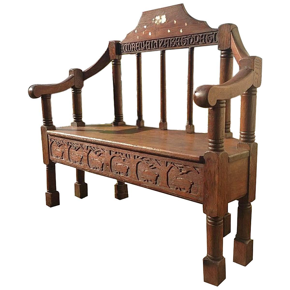 Arts & Crafts Inlaid Oak Settle Possibly Commissioned by Sir Samuel Morton For Sale