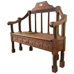 Arts & Crafts Inlaid Oak Settle Possibly Commissioned by Sir Samuel Morton