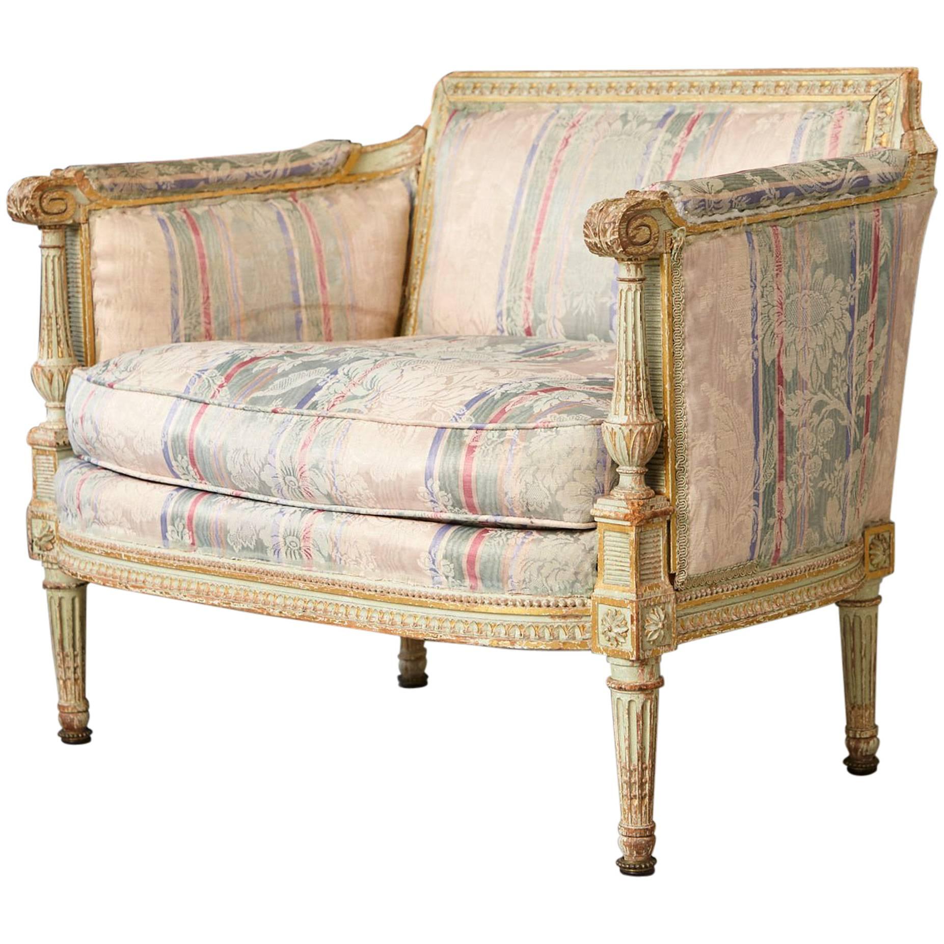 19th Century French Paint and Gild Decorated Bèrgere in the Style of Louis XVI