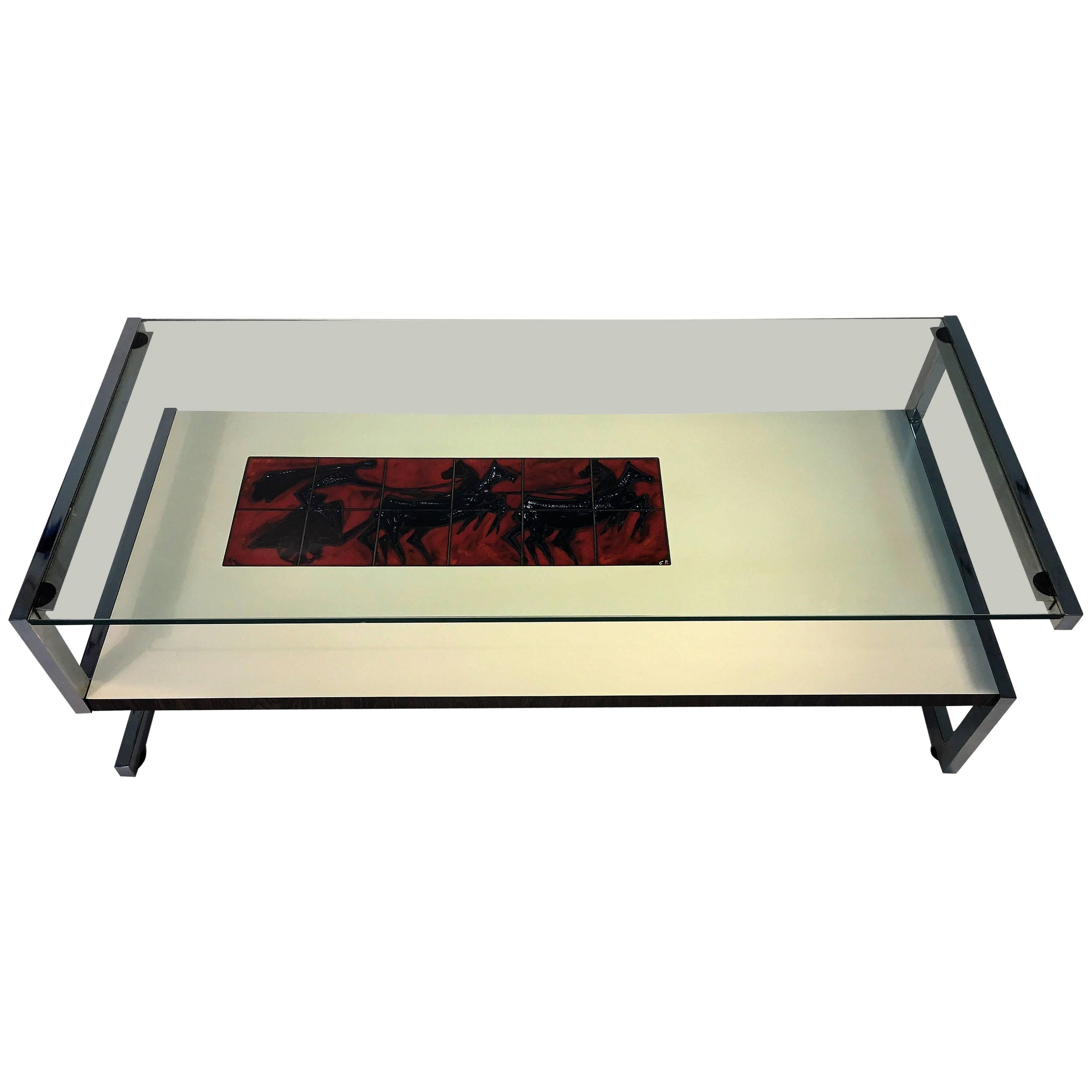 Amazing Italian Modernist Tile and Laminate Chrome Frame Coffee Table For Sale